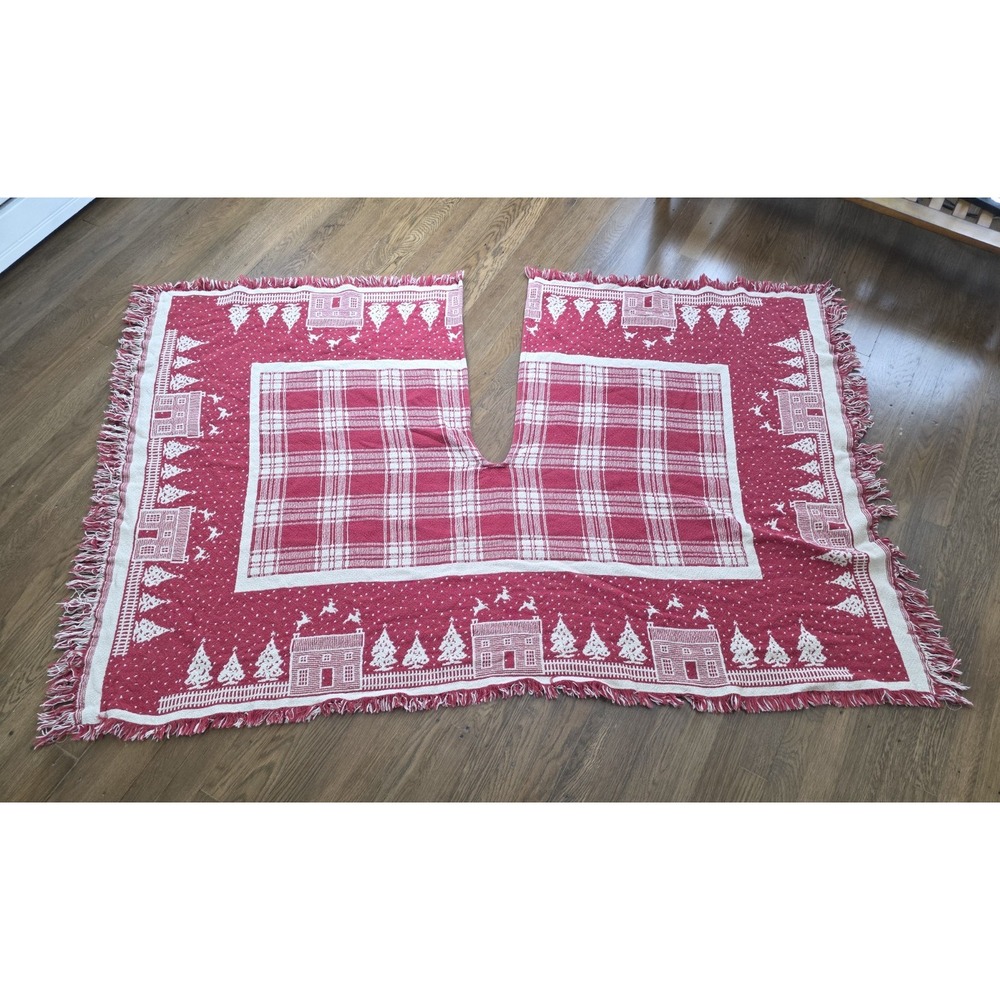 LL Bean Vintage Tapestry Tree Skirt Shawl Red Cotton Holiday Home
